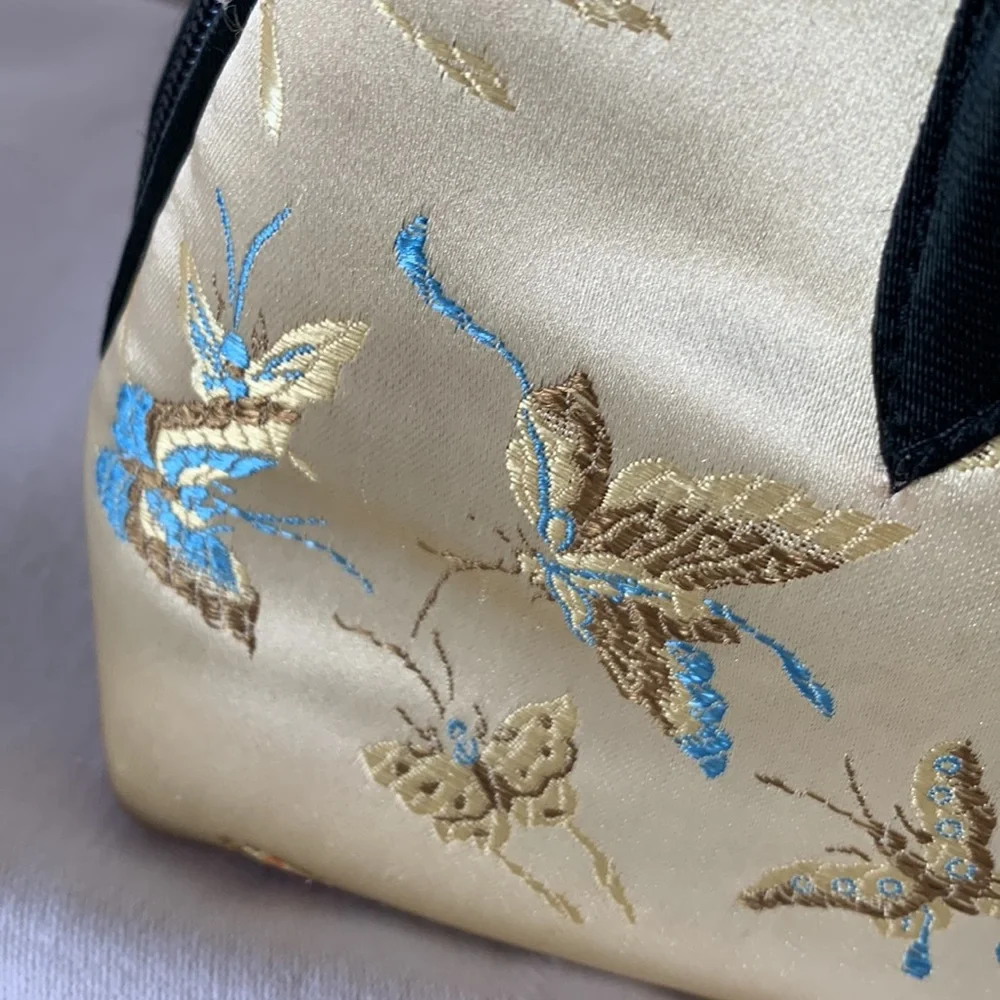 Elegant Gold Satin Embroidered Top-Handle Bag